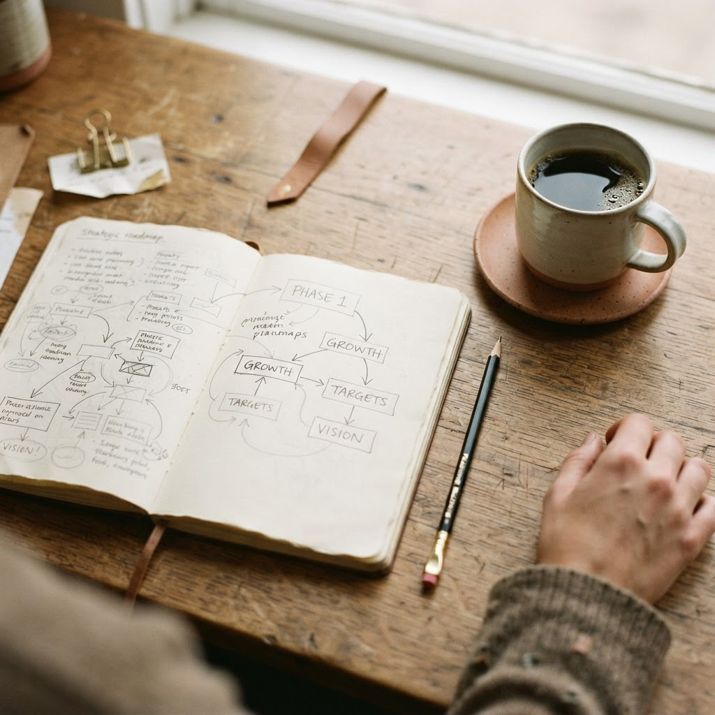 Escritorio de estrategia con notas manuscritas y un diagrama de ruta dibujado a mano.