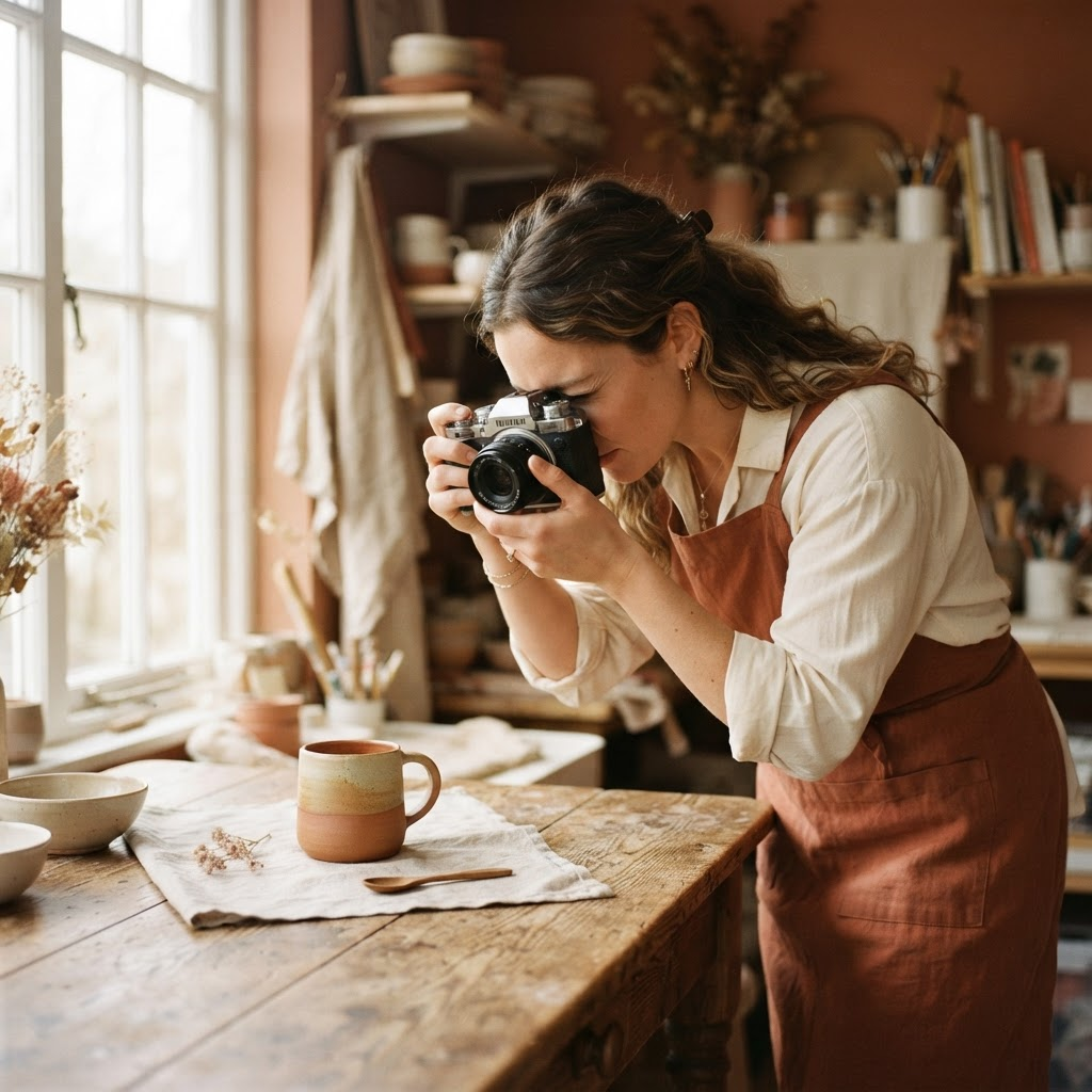 Creador de contenido fotografiando un producto artesanal con luz natural cálida.